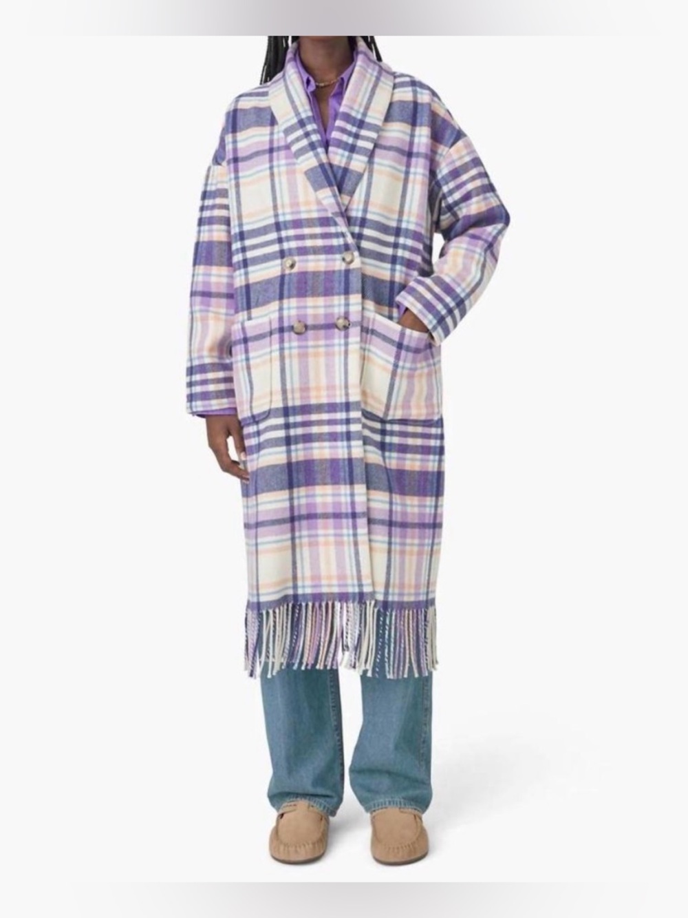 XIRENA Wrenley Long Plaid Fringe Wool Blend Coat Indigo Purple S Oversized